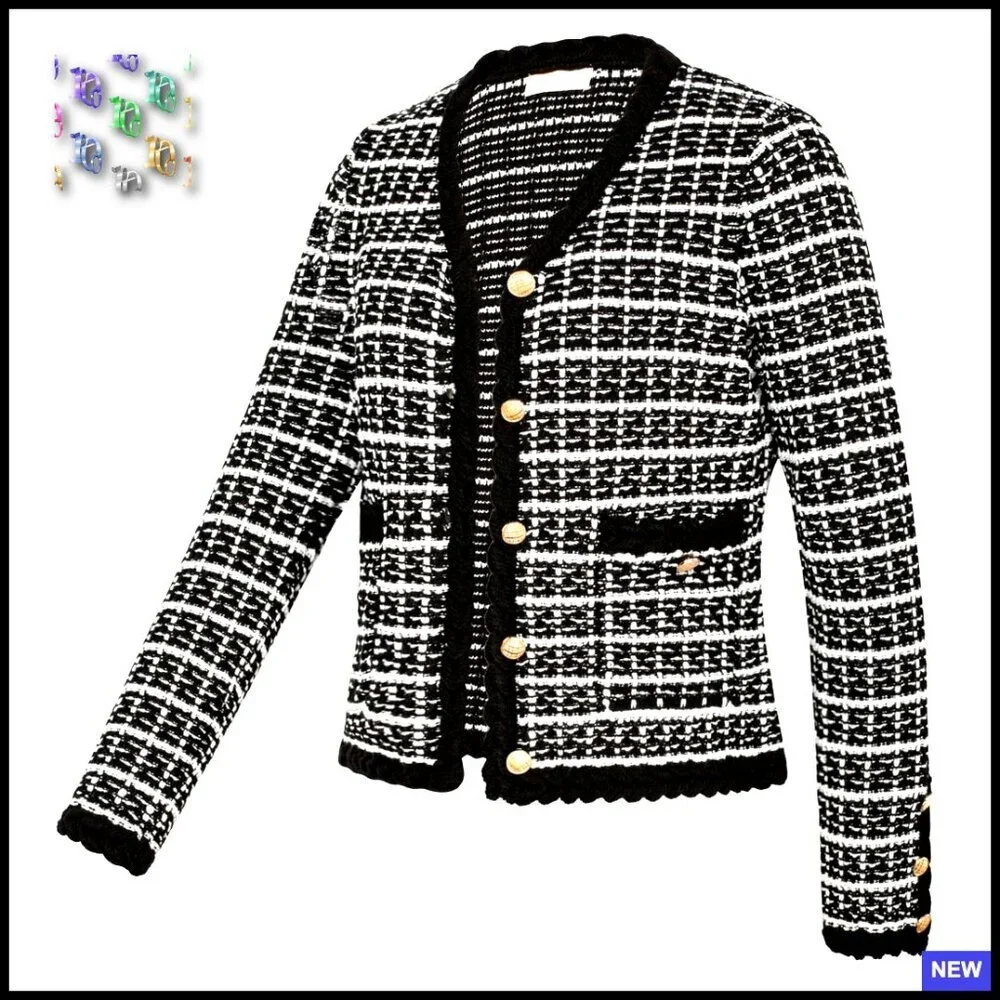 Tweed Pattern V-Neck Cardigan Sweater Blazer Classic Chic Versatile Button